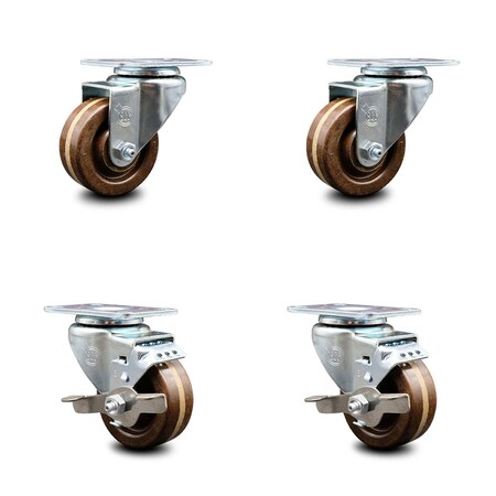 Service Caster 3 Inch High Temp Phenolic Wheel Swivel Top Plate Caster Set with 2 Brakes SCC SCC-20S314-PHSHT-2-TLB-2